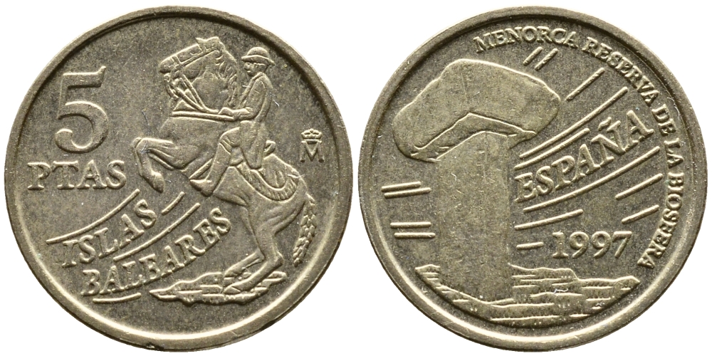 Испания 5 песет 1997 Хуан Карлос I (1975-2014), Балеарские острова, всадник KM 981 алюминиевая бронза 3458-214