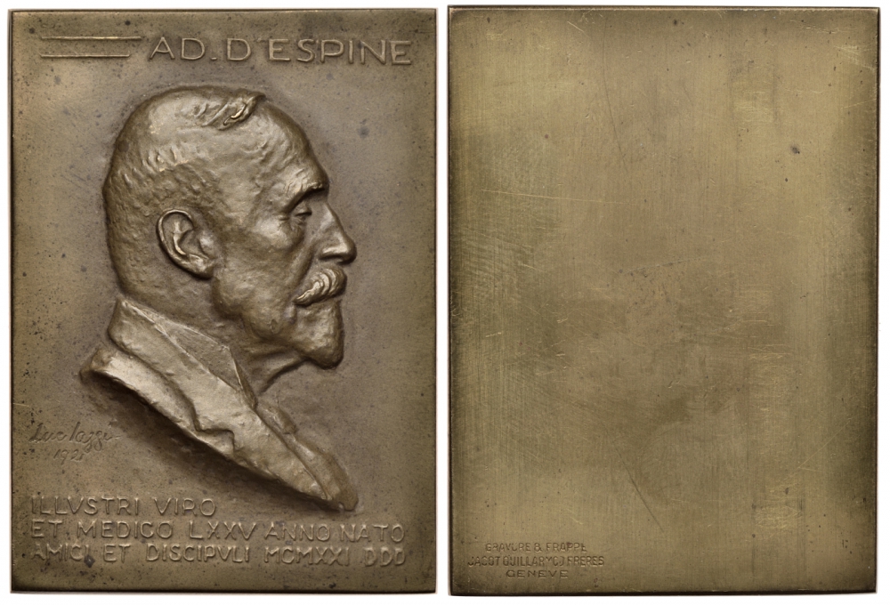 ФРАНЦИЯ ПЛАКЕТКА 1921 ПРОФЕССОРУ Д'ЭСПИНУ ПРОСЛАВЛЕННОМУ ЧЕЛОВЕКУ, ДРУГУ И ВРАЧУ (ПЕДИАТРУ), ОТ ЕГО УЧЕНИКОВ, размер 60 Х 44 ММ., ВЕС 77,7 ГР. бронза 1079-4-11