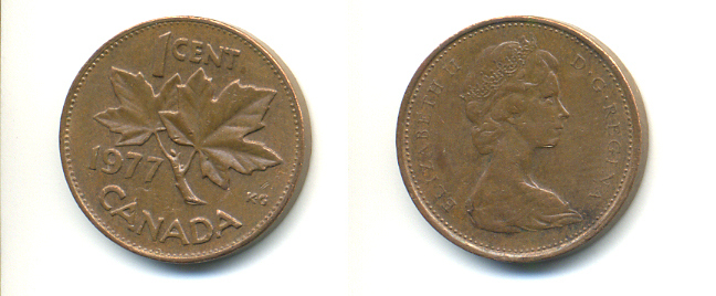 Канада 1 цент 1977 Елизавета II (1952-2022), кленовый лист KM 59.1 бронза 177-1348
