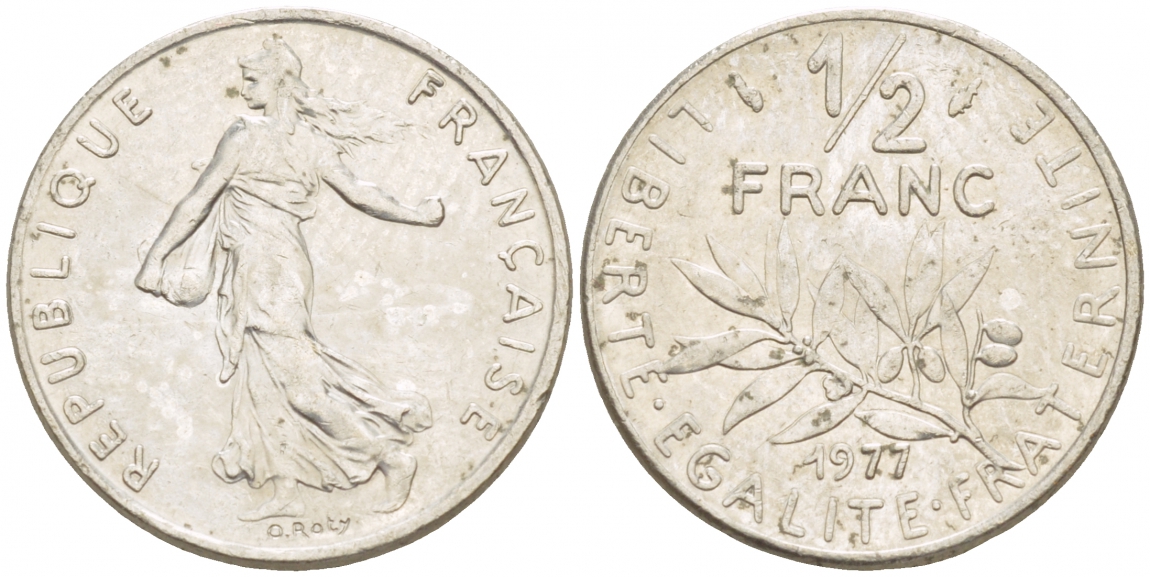 ФРАНЦИЯ 1/2 ФРАНКА 1977 СЕЯТЕЛЬ KM 931.1, LE FRANC 198.16 никель 4528-312