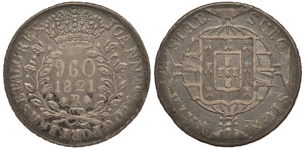 Бразилия 960 рейс 1821 R,  Жуан IV Португальский (1818-1822), красивый перечекан KM 326.1 серебро 00-803-68