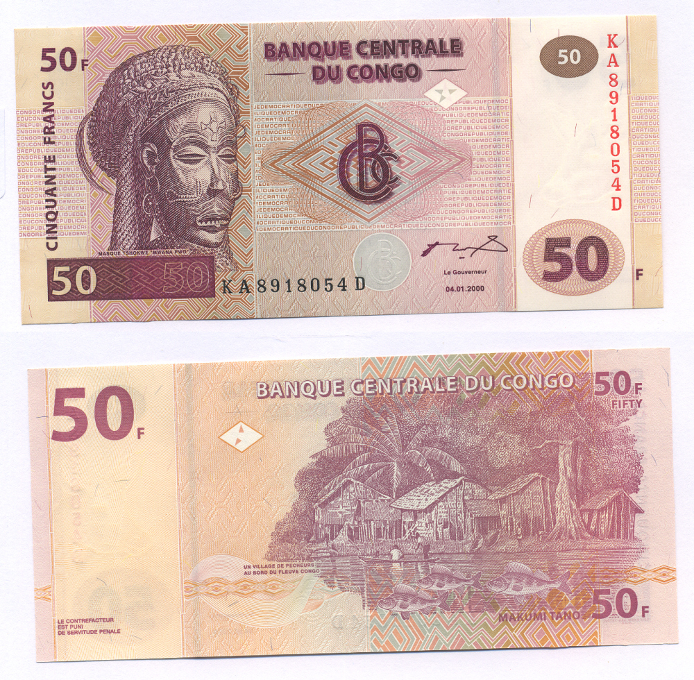 ДР Конго 50 франков 2000 маска, рыбаки, серия КА-D Pick 91 бумага UNC (пресс) 7220-33-2