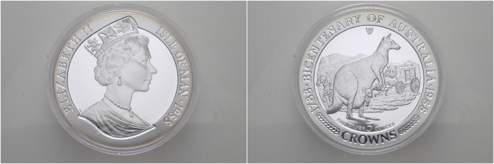 Остров Мэн 5 крон 1988 200 лет Австралии, кенгуру, дилижанс KM 285 серебро PROOF 01-019-11-1