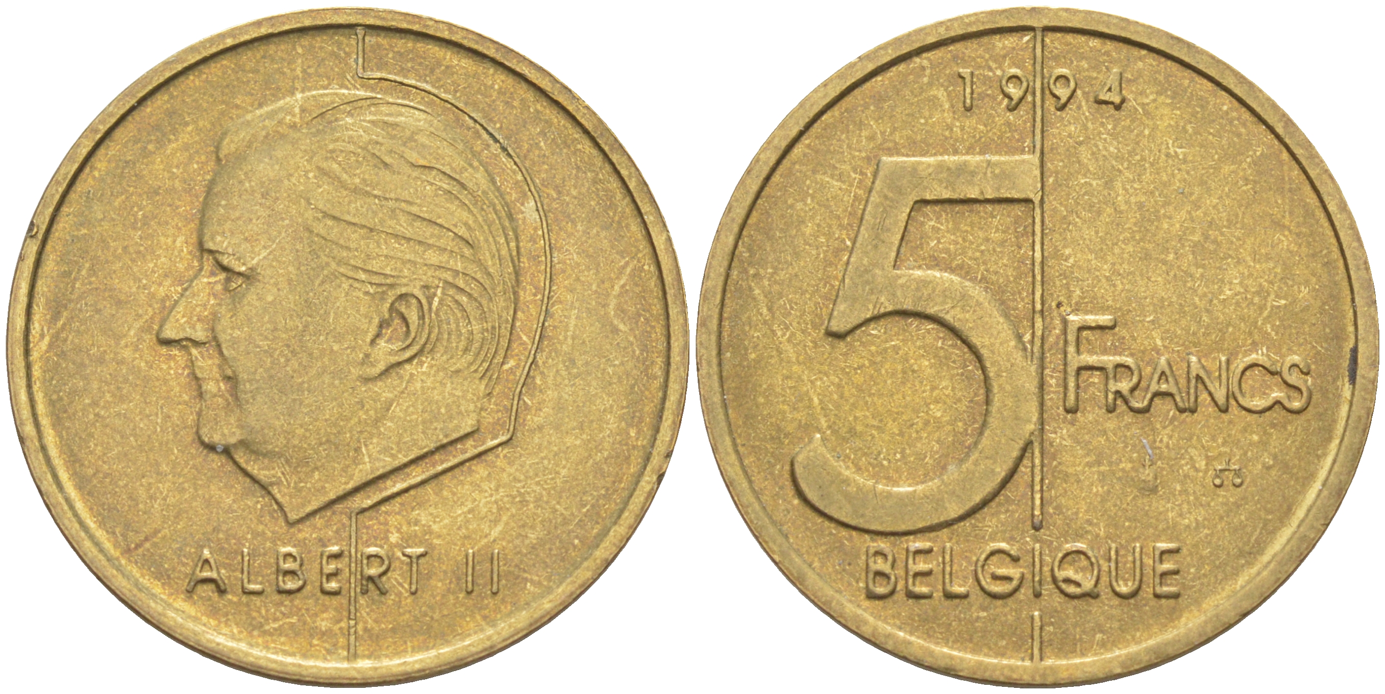 БЕЛЬГИЯ 5 ФРАНКОВ 1994 BELGIQUE, АЛЬБЕРТ II (1993-) KM 189 алюминиевая бронза 106-611