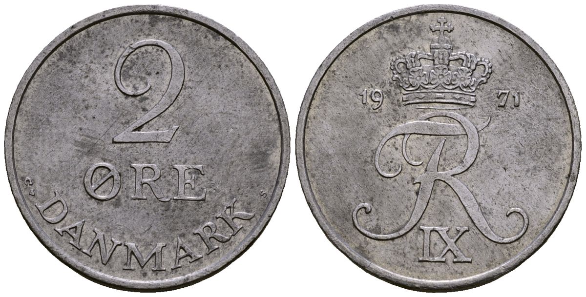 Дания 2 эре 1971 C; S, Фредерик IX (1947-1972) KM 840.2 цинк 4176-535