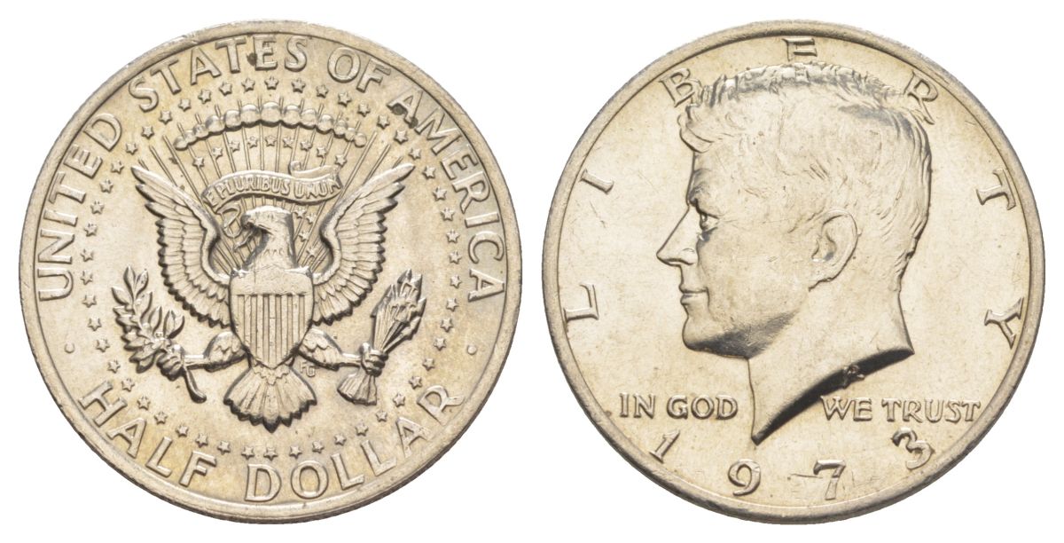 США 1/2 доллара (50 центов) 1973 D, Джон Кеннеди KM 202b медь плакированная медно-никелем aUNC 4517-1112