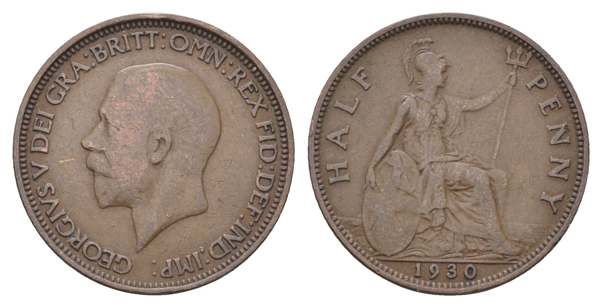 Великобритания 1/2 пенни 1930 Георг V (1910-1936) KM 837, Spink 4058 бронза    4660-552