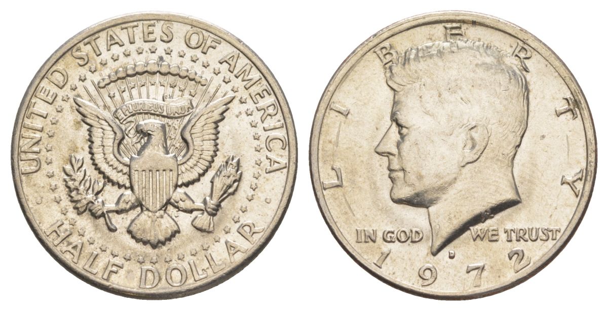 США 1/2 доллара (50 центов) 1972 D, Джон Кеннеди KM 202b медь плакированная медно-никелем aUNC 189-544