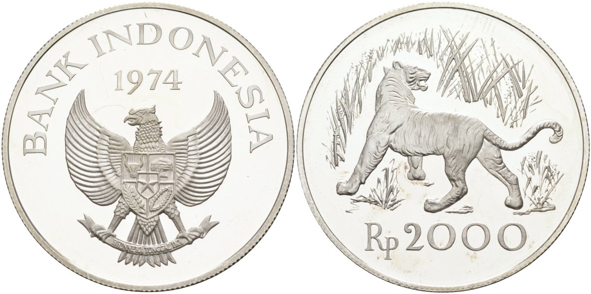 Индонезия 2000 рупий 1974 Яванский тигр, тираж 18000 экз. KM 39а серебро PROOF 1095-6-63