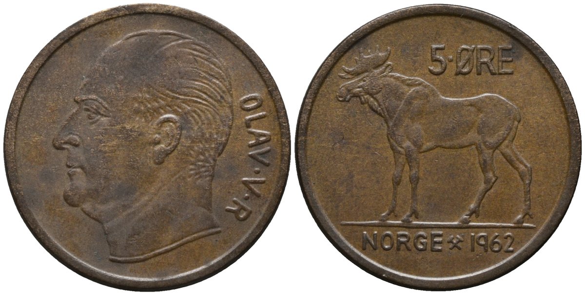 Норвегия 5 эре 1962 лось, Улаф V (1958-1991) KM 405 бронза 4577-743