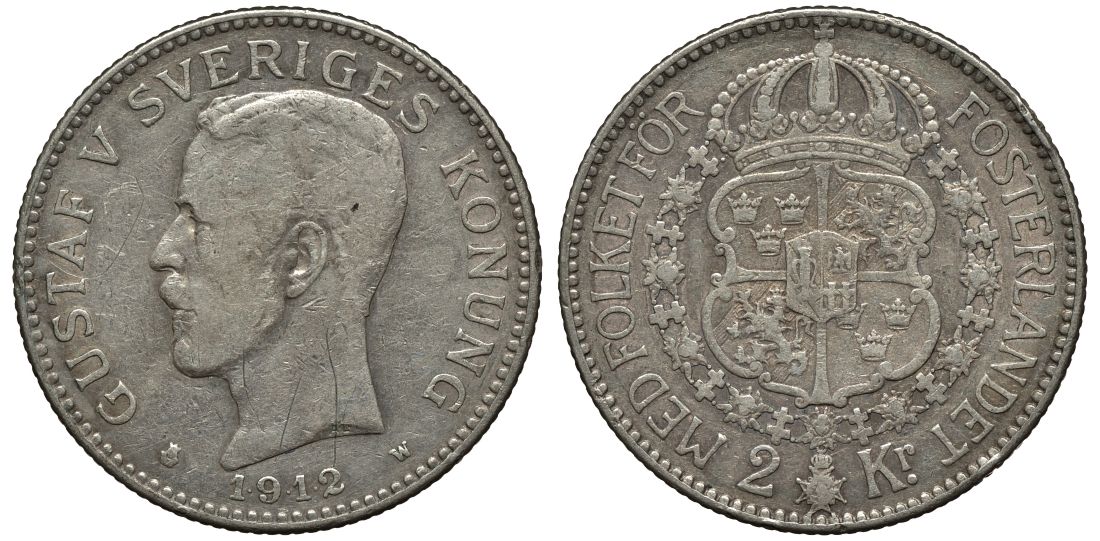 Швеция 2 кроны 1912 W, Густав V (1907-1950) KM 787 серебро 413-6312