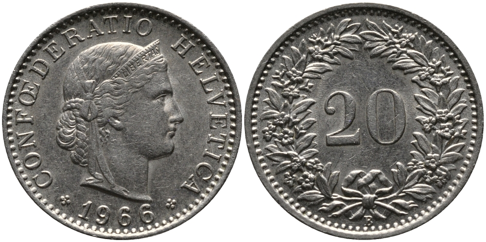 ШВЕЙЦАРИЯ 20 РАППЕНОВ 1966 В KM 29a медно-никель 33-256