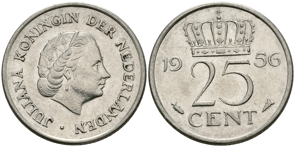 НИДЕРЛАНДЫ 25 ЦЕНТОВ 1956 ЮЛИАНА KM 183 никель 96-134