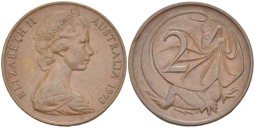 АВСТРАЛИЯ 2 ЦЕНТА 1973 ЕЛИЗАВЕТА II (1953-), ЕЛИЗАВЕТА II, МОЛОДОЙ ПОРТРЕТ, ПЛАЩЕНОСНАЯ ЯЩЕРИЦА (FRILLED LIZARD) KM 63 бронза 4519-442