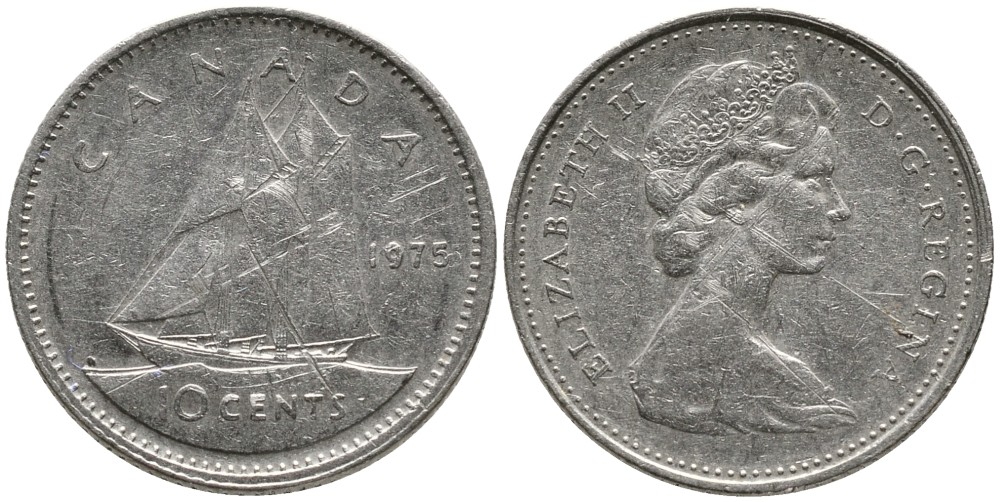 Канада 10 центов 1975 Елизавета II (1952-2022), парусник KM 77.1 никель 4532-819