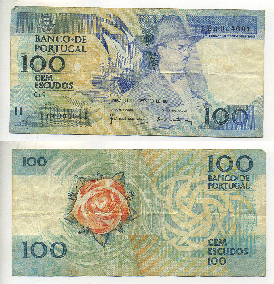 ПОРТУГАЛИЯ 100 ЭСКУДО 1988 24 НОЯБРЯ 1988, ФЕРНАНДО ПЕССОА ПОРТУГАЛЬСКИЙ ПОЭТ Pick 179f бумага 7552-58-4
