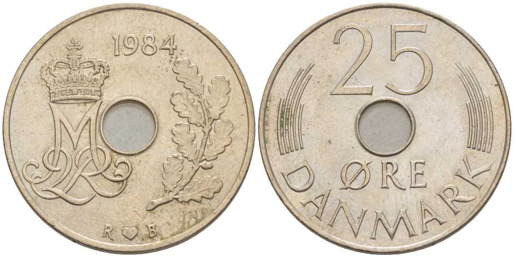 ДАНИЯ 25 ЭРЕ 1984 R; B, МАРГРЕТЕ II (1972-) KM 861.3 медно-никель 94-927