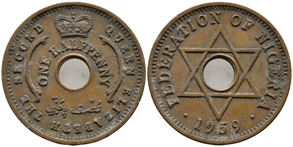 Нигерия 1/2 пенни 1959 Елизавета II (1952-), Британский протекторат KM 1 бронза 4392-1332