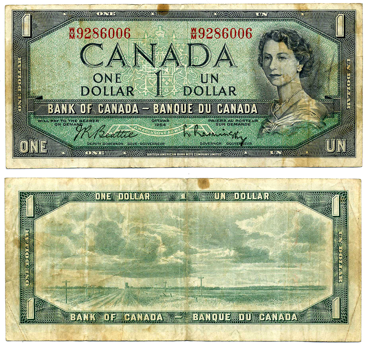 КАНАДА 1 ДОЛЛАР 1961-1972 ЕЛИЗАВЕТА II (1952-), ПОДПИСИ BIATTIE/RASMINSKY, BABNC Pick 74b бумага 2196-9-1-1