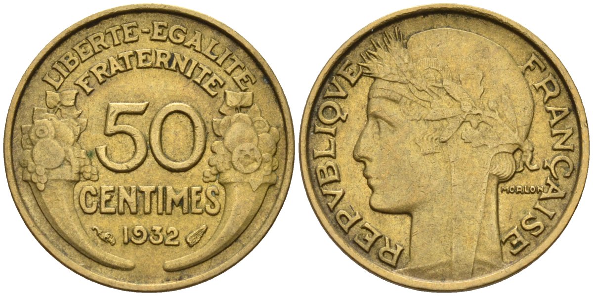 Франция 50 сантимов 1932 KM 894.1, Le Franc 192.15 алюминиевая бронза 4596-762