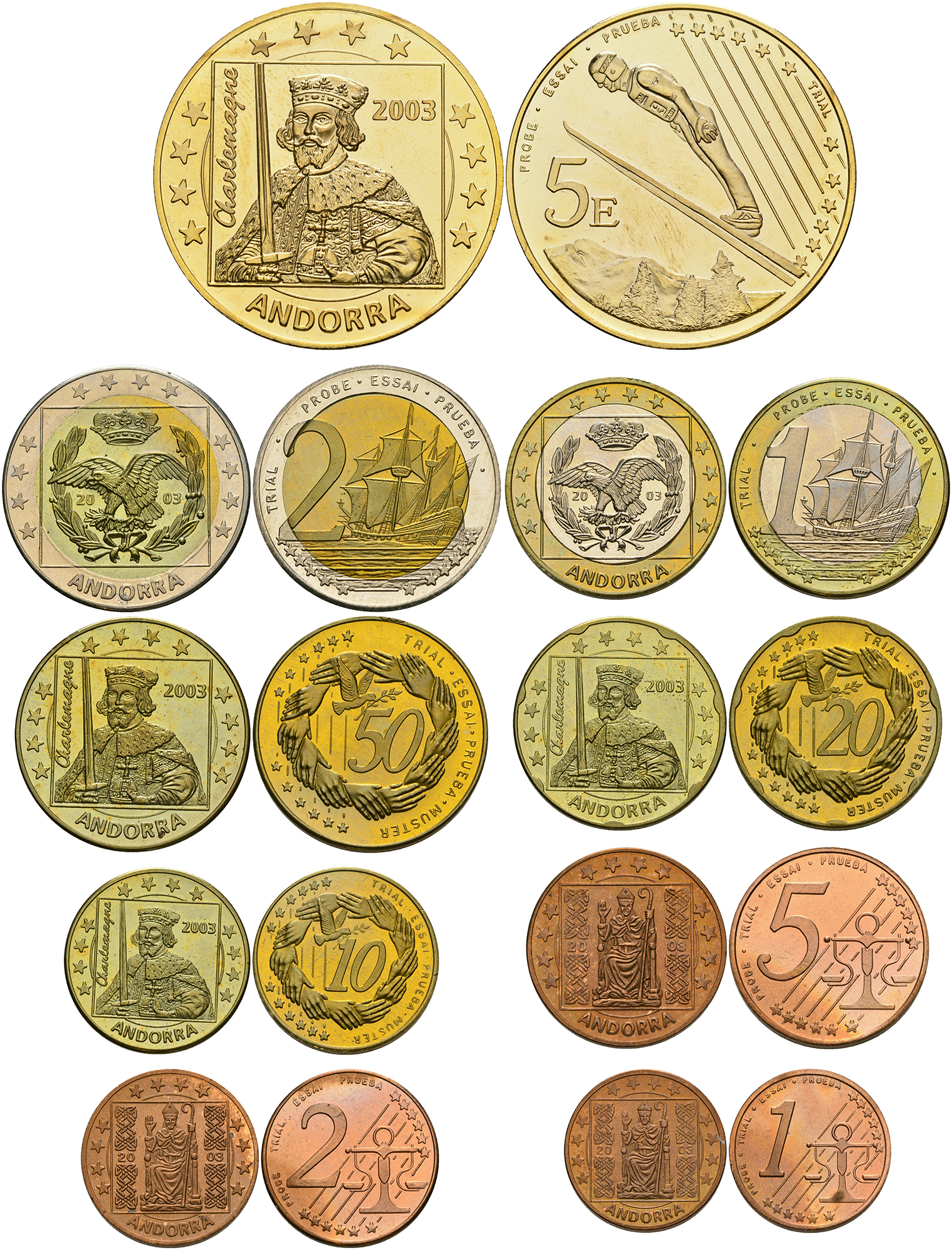 Андорра евронабор из 9 монет (с 5 евро) 2003 в оригинальной коробке, с сертификатом, PROBA, пробники    PROOF  5-4-6-13