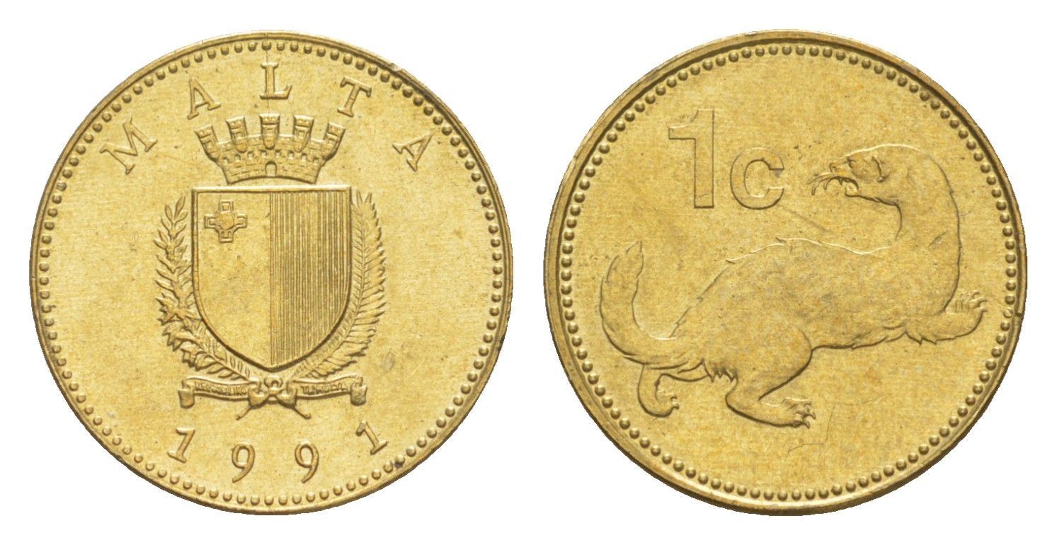 Мальта 1 цент 1991 ласка, горностай KM 93 никель латунь 4644-1245
