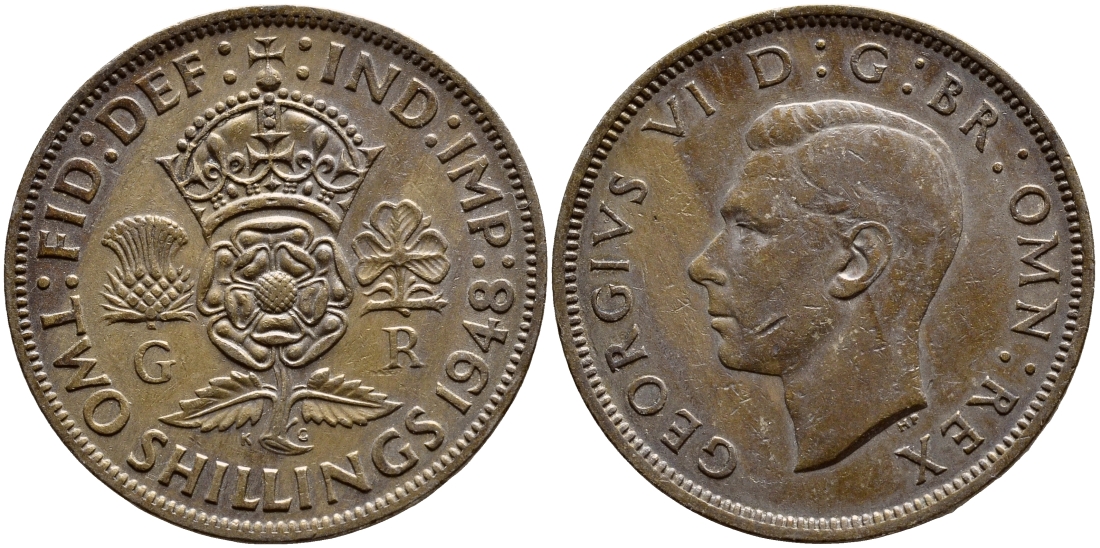 Великобритания 2 шиллинга (флорин) 1948 Георг VI (1936-1952) KM 865, Spink 4102 медно-никель 35-614