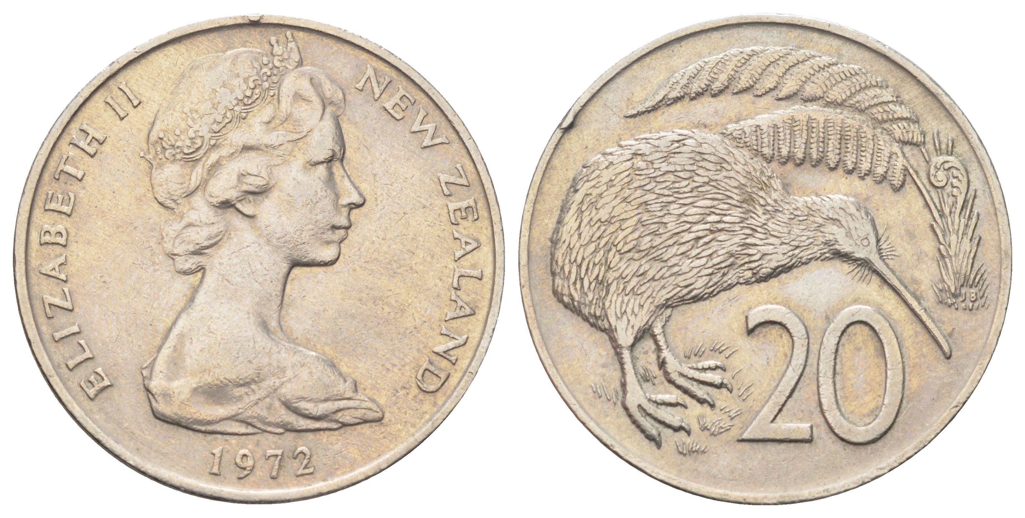Новая Зеландия 20 центов 1972 Елизавета II (1952-2022), птичка киви KM 36 медно-никель 4699-1114