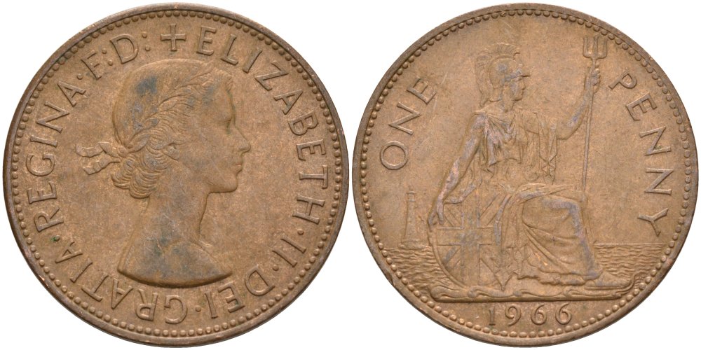 Великобритания 1 пенни 1966 Елизавета II (1952-2022) KM 897, Spink 4157 бронза 4574-243