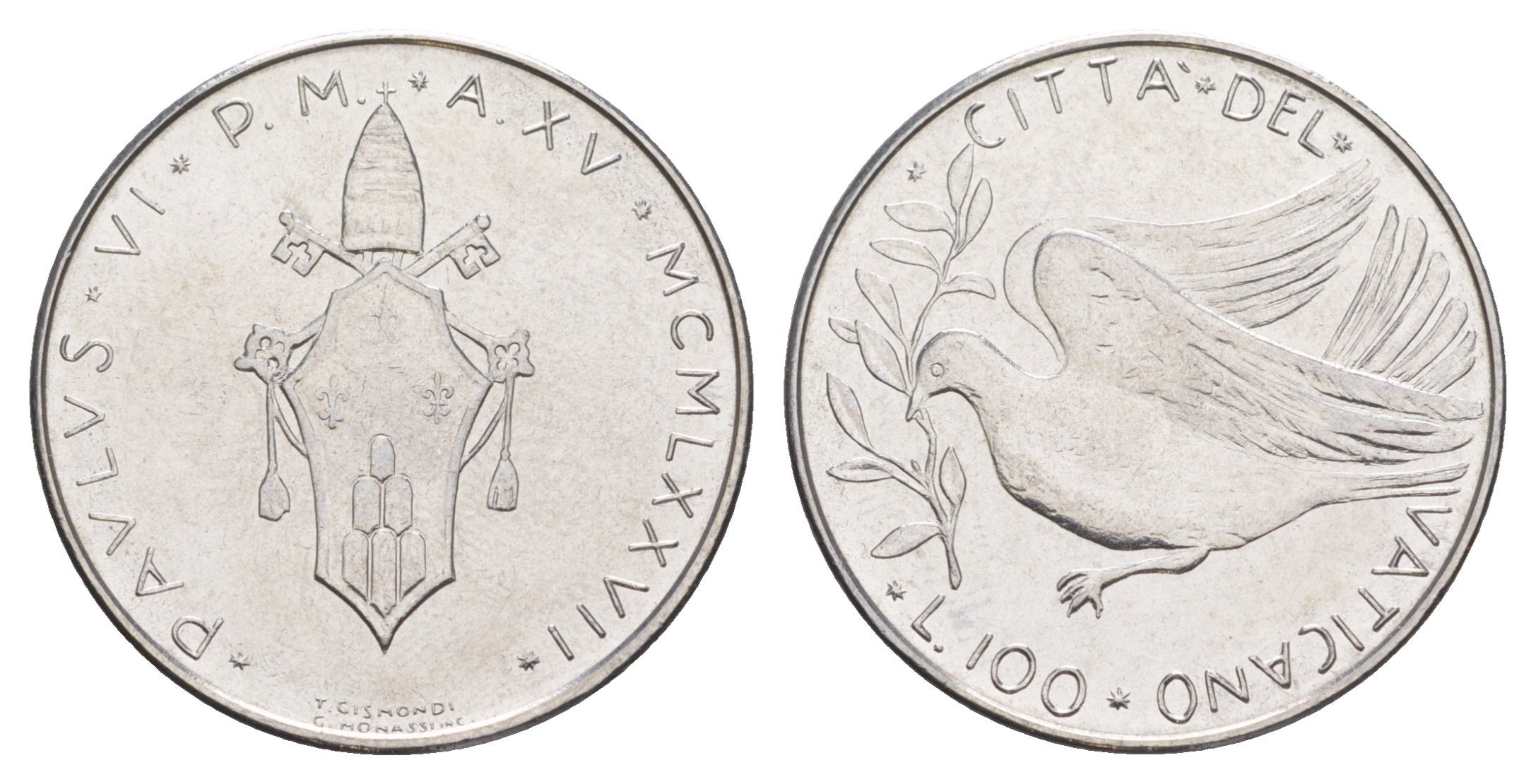 Ватикан 100 лир 1972 MCMLXXII, Павел VI KM 122 нержавеющая сталь UNC 4648-146