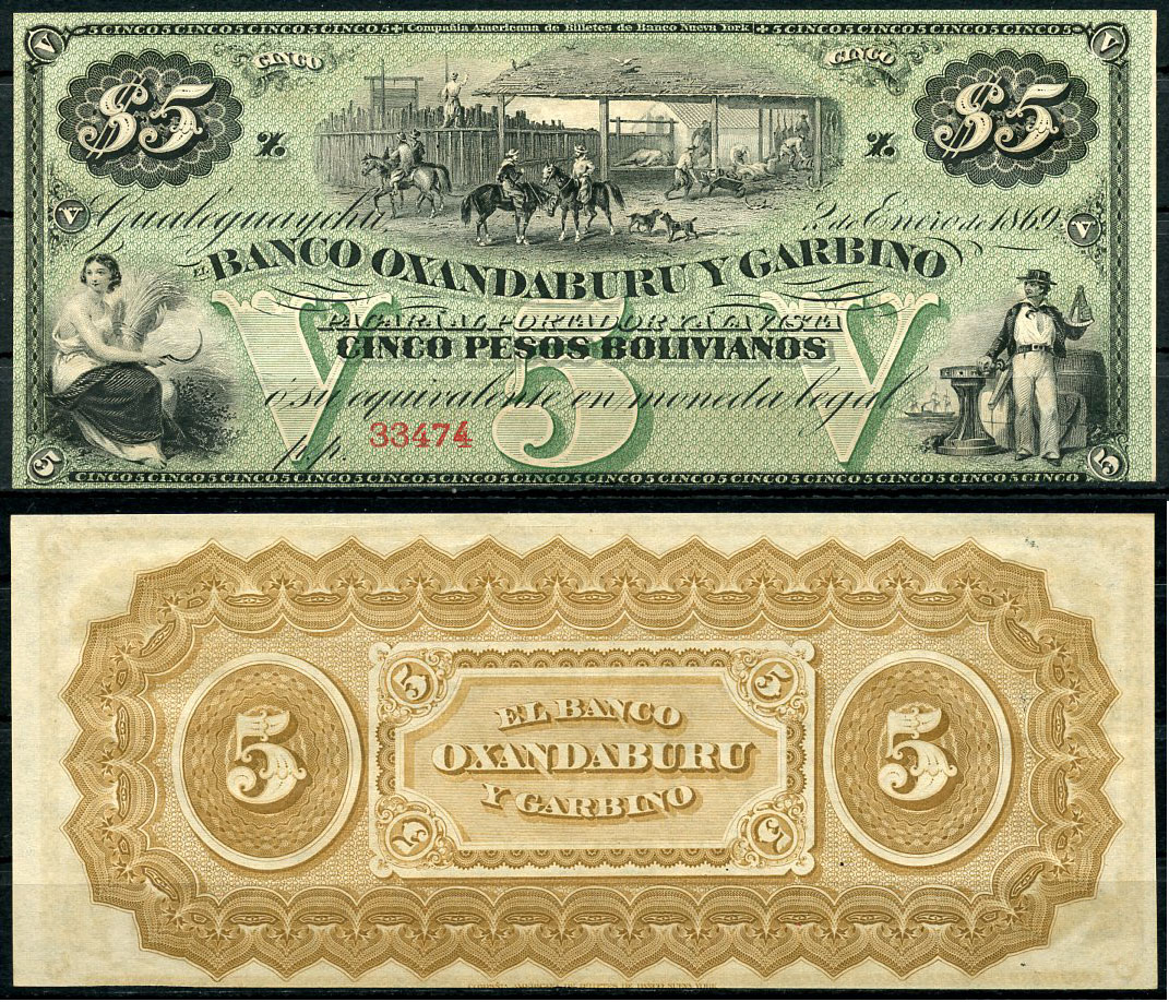 Аргентина, Banco Oxandaburu y Garbino 5 песо 1869 фазенда, женщина, штурман Pick S1783r  бумага  UNC (пресс) 451-33-1