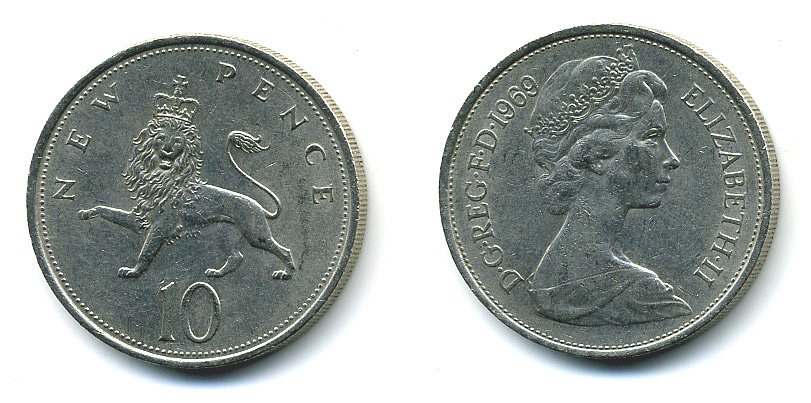 Великобритания 10 пенсов 1969 Елизавета II (1952-2022) KM 912, Spink 4231 (F1) медно-никель  4110-1214