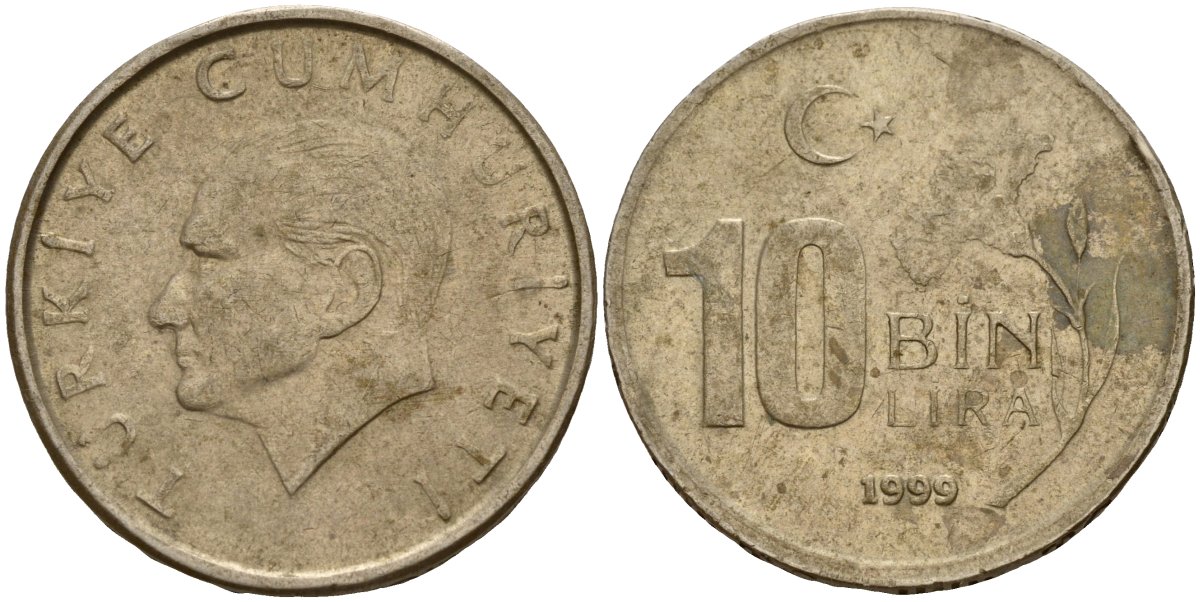 Турция 10000 лир 1999 Мустафа Кемаль Ататюрк KM 1027.2 медь никель цинк 4159-621