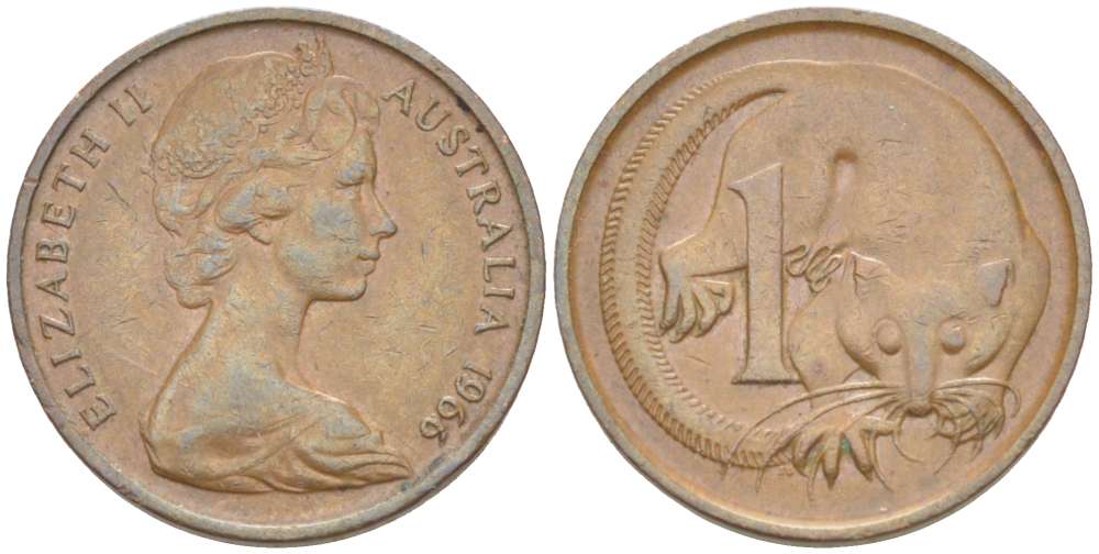 АВСТРАЛИЯ 1 ЦЕНТ 1966 ЕЛИЗАВЕТА II (1952-) МОЛОДОЙ ПОРТРЕТ, ОПОССУМ KM 62 бронза 4516-623