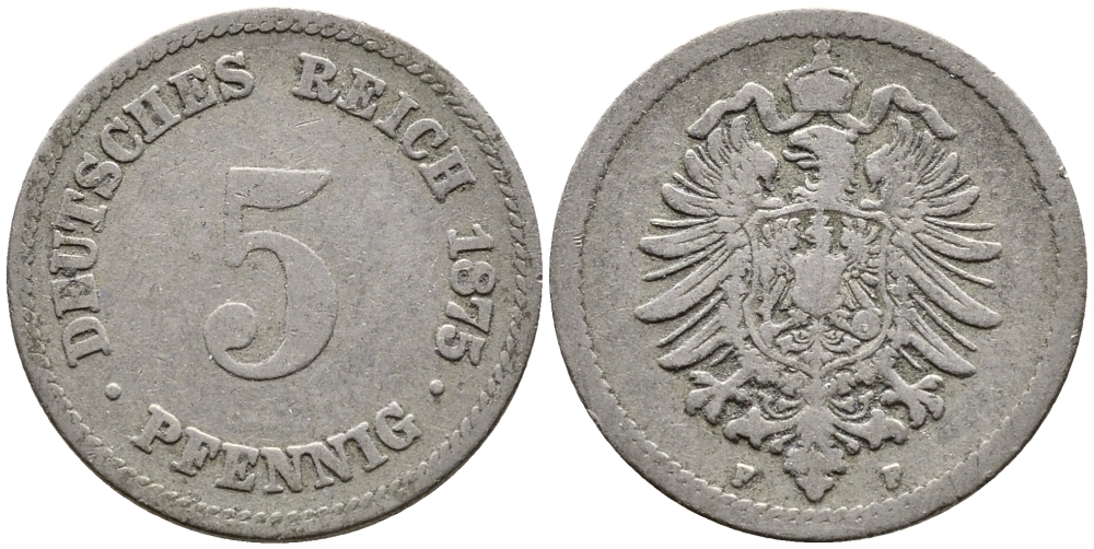 ГЕРМАНИЯ 5 ПФЕННИГОВ 1875 F, СТАРОГЕРБОВКА KM 3, J.3 медно-никель 4387-746