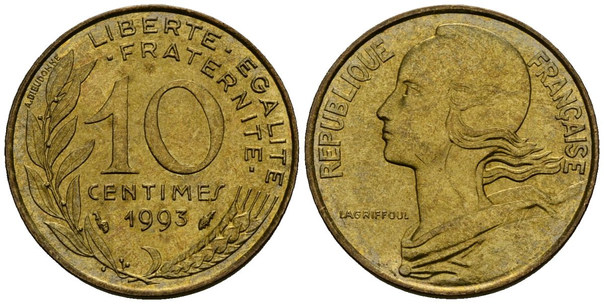Франция 10 сантимов 1993 тип Marianne KM 929 алюминиевая бронза 4136-433
