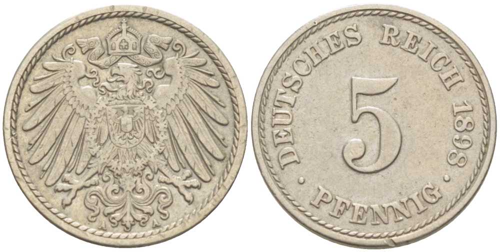 Германия 5 пфеннигов 1908 A KM 11, Jager 12, Weege 6 медно-никель 206-1113