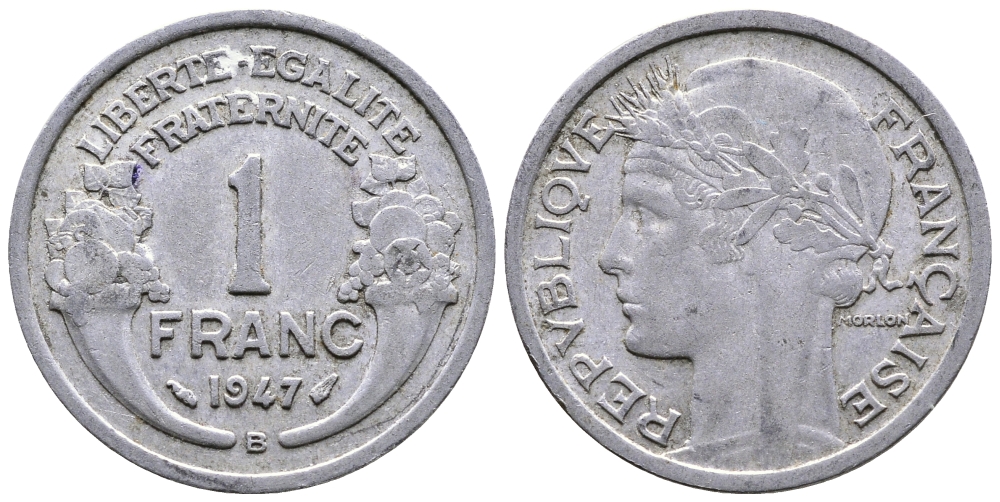 ФРАНЦИЯ 1 ФРАНК 1947 В KM 885а.2 алюминий 51-444