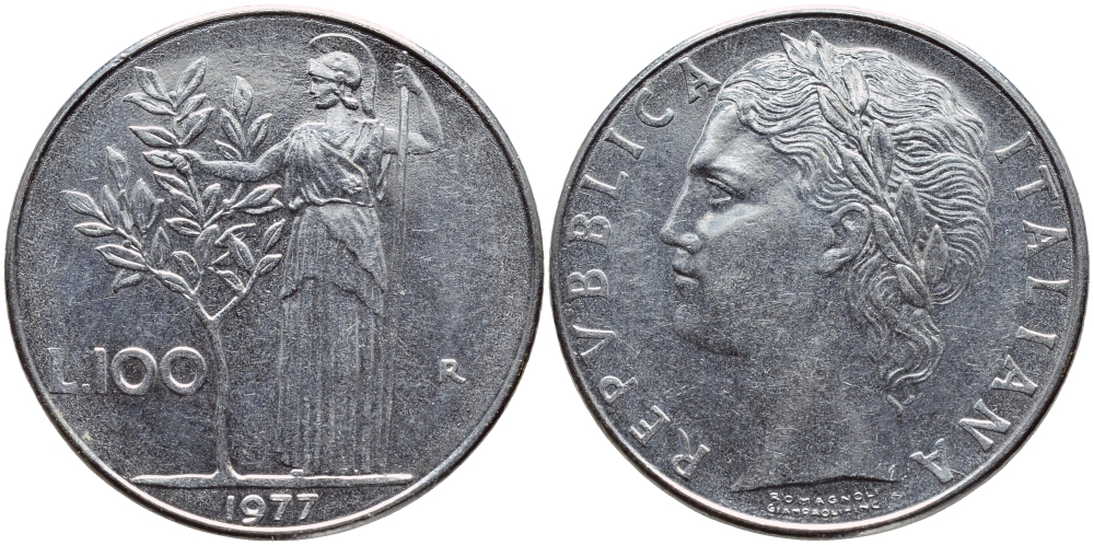 ИТАЛИЯ 100 ЛИР 1977 R , АФИНА KM 96.1 нержавеющая сталь 4394-1232