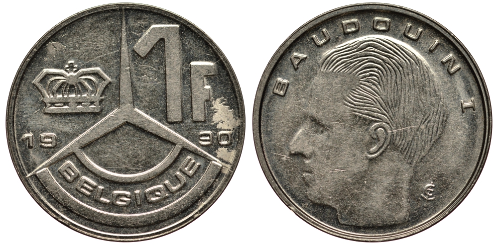 БЕЛЬГИЯ 1 ФРАНК 1990 БОДУЭН KM 188 железо плакированное никелем XF- 4181-326