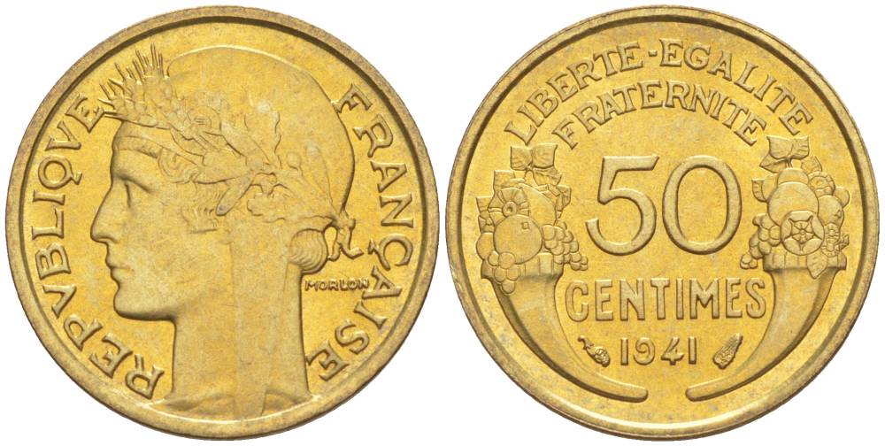 ФРАНЦИЯ 50 САНТИМОВ 1941 ТИП MORLON KM 894.1, LE FRANC 192.18 алюминиевая бронза 44-516