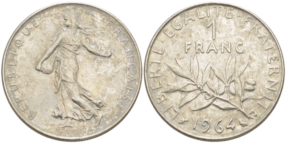 Франция 1 франк 1964 сеятель KM 925.1, Le Franc 226.8 никель 4402-1116