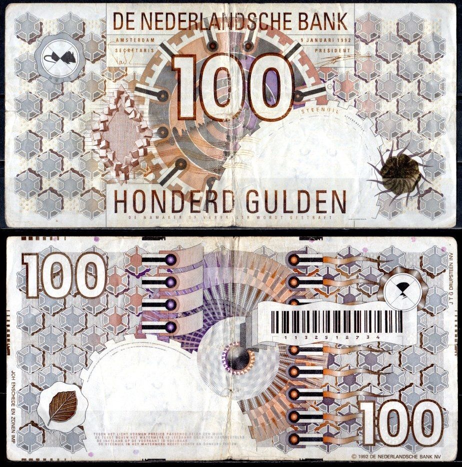Нидерланды 100 гульденов 1992 Pick 101 бумага 451-781-3