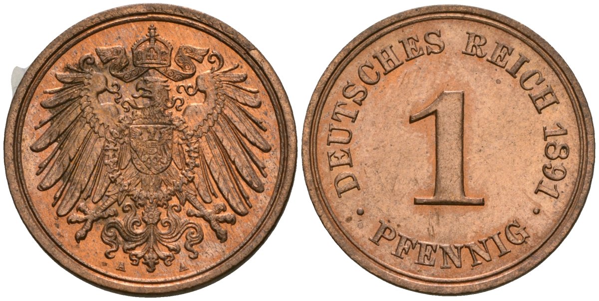 Германия 1 пфенниг 1891 A, Вильгельм II (1888-1918) KM 10, J. 10 медь aUNC 1525-412