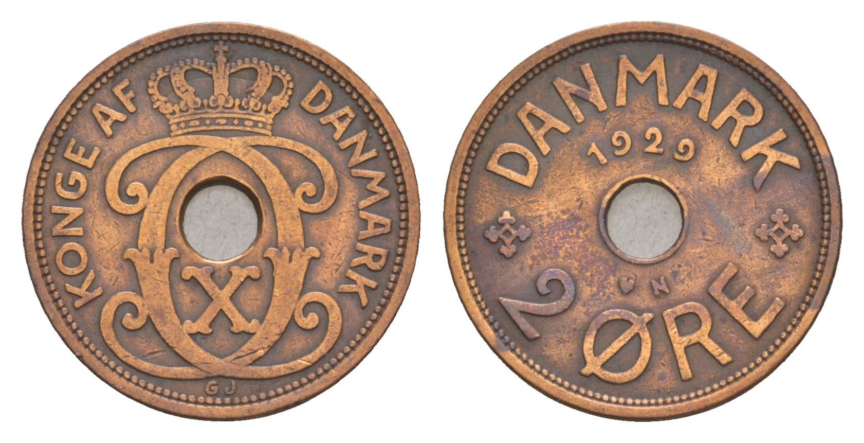 Дания 2 эре 1929 N, Кристиан X (1912-1947) KM 827 бронза 4658-228