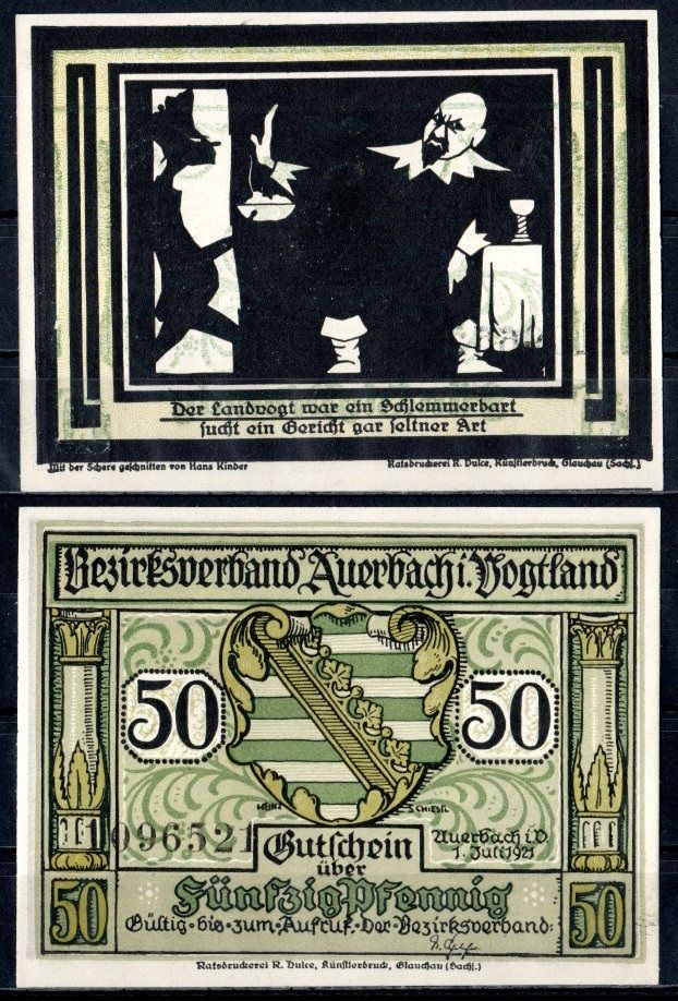 Ауэрбах-им-Фогтланд (Саксония) 50 пфеннигов 1921 Mehl Grabowski 53.1a-2.1 бумага UNC (пресс) 7556-40-3-2