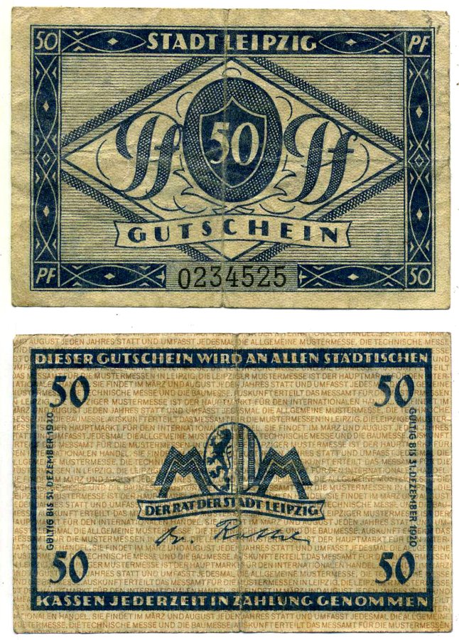 Лейпциг 50 пфеннигов 1920 31 декабря 1920, нотгельд, земля Восточная Пруссия Grabowski 1102.1 бумага 2195-38-1-1