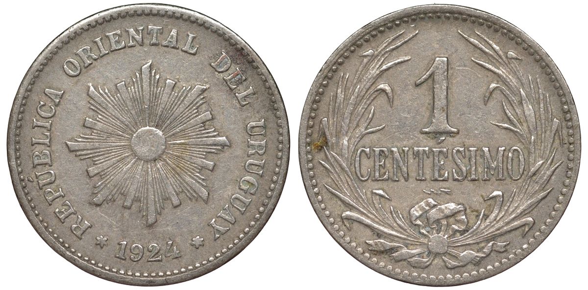Уругвай 1 сентесимо 1924 KM 19 медно-никель 4169-643