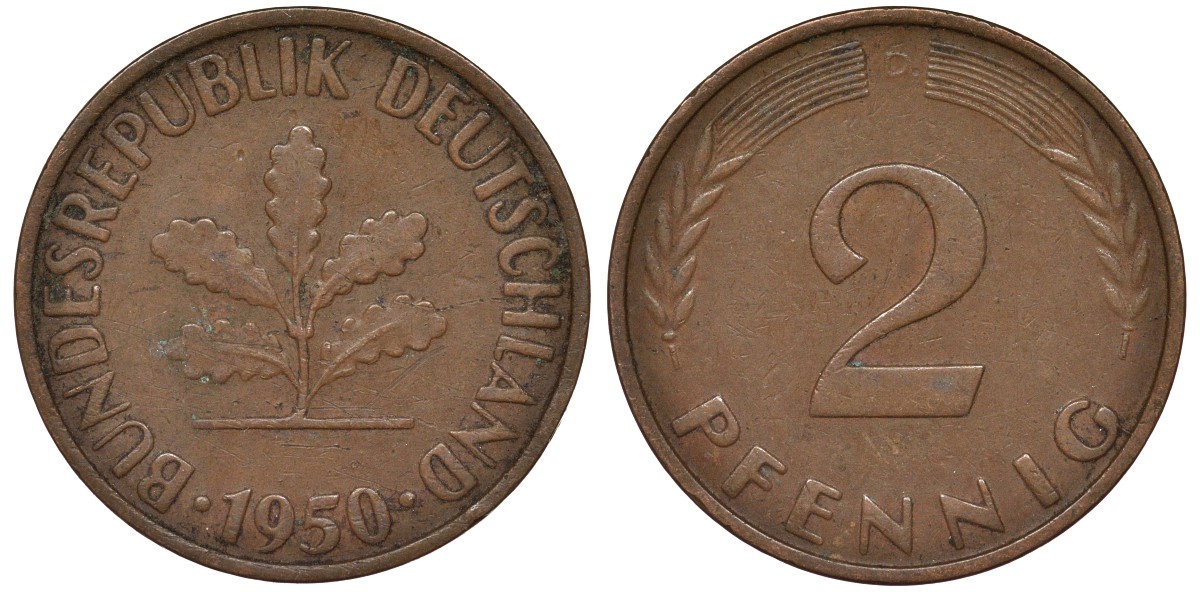ФРГ 2 пфеннига 1950 D KM 106 бронза 4164-312