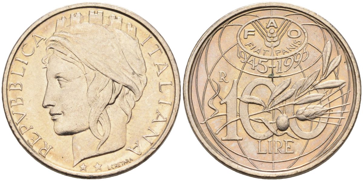 Италия 100 лир 1995 R, FAO, 50 лет организации KM 180 медно-никель 27-147
